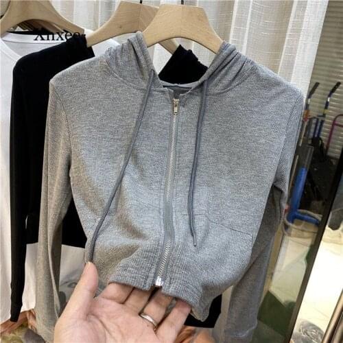 2021 Autumn Womens New Solid Color Knitted Cotton Womens Cardigan Hooded Zipper Long-Sleeved Short Sexy Womens Jacket Top