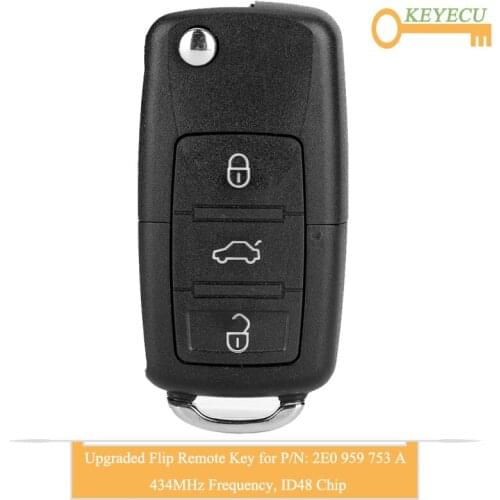 KEYECU Upgraded Flip Remote Control Car Key for Volkswagen Crafter, Fob 3 Buttons - 434MHz - ID48 Chip - P/N: HLO 2E0 959 753 A