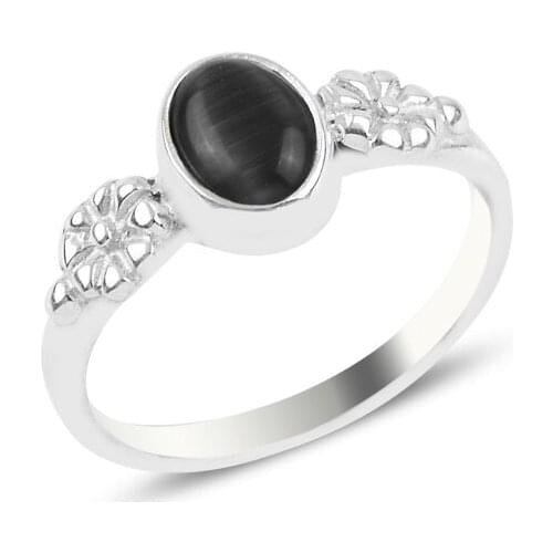 Silver 925 Sterling Black Cat 'S Eye Engagement Ring