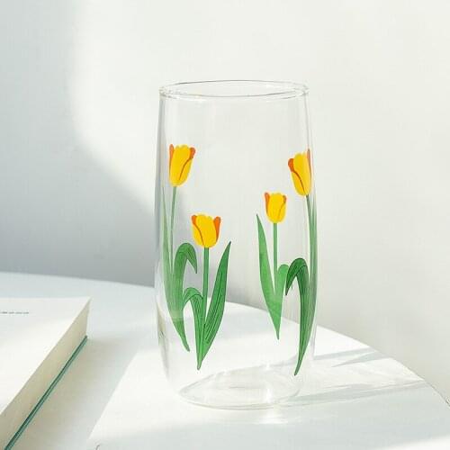 Ins Glass Breakfast Milk Cup Girl Tulips Glass High Temperature Resistance Coffee Mug Vaso Office School Afternoon Tea Teacup