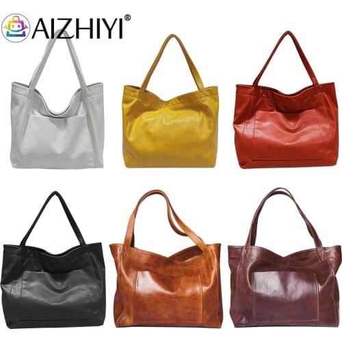 Fashion Women Oil Wax Soft PU Leather Solid Color Shoulder Shopping Bag Casual Ladies Large Capacity Bucket Tote Handbags