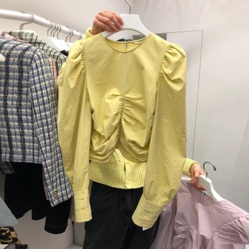 Crop Top Womens Blouses Tops Spring 2020 New Pleated Long Sleeve Shirt Solid Color All-match Round Neck Shirt Fashion Blusas