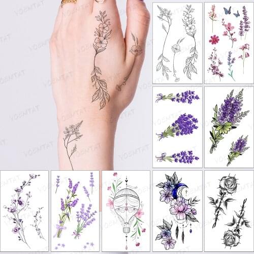 Waterproof Temporary Tattoo Sticker Ear Thin Line Flowers Watercolor Lavender Flash Tatoo Fake Tatto For Body Art Women Men