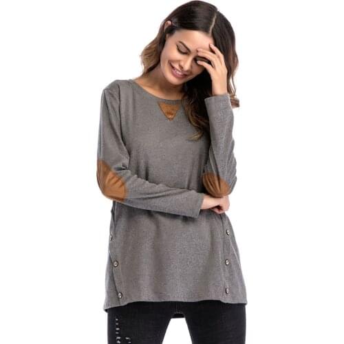 Womens autumn and winter new cotton solid color round neck long-sleeved large size button collage T-shirt