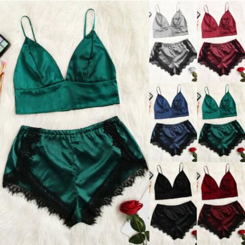 2PCS/Set Women Silk Satin Pajama Night Tops Sleepwear Shorts Nightwear Gown Set