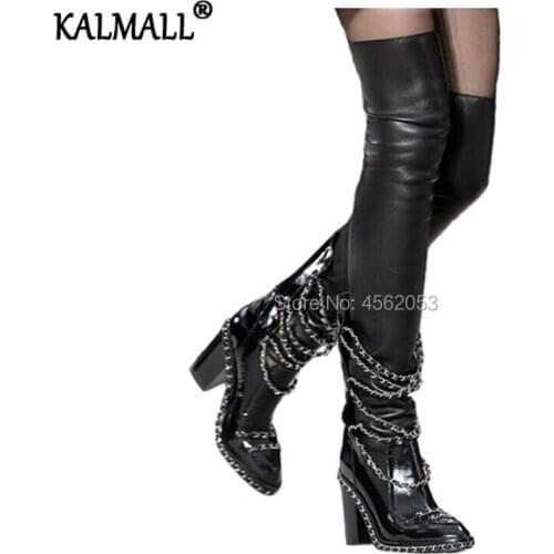 KALMALL Black Patent Leather Ankle Botas Mujer Elastic Thigh High Booties Runway Shoes Block Heel Chain Boots Women Big Size 43