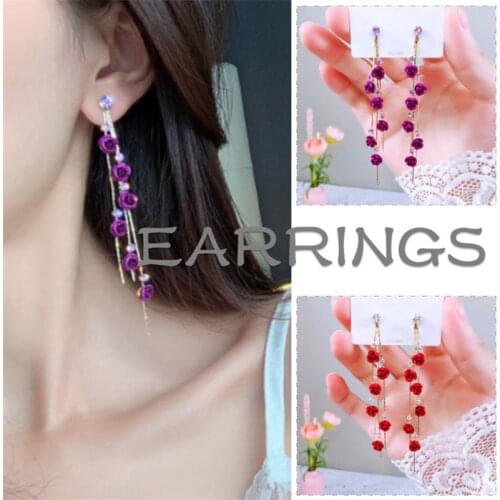 Women Rose Flower Long Tassel Drop Dangle Earrings Jewelry Birthday Gift