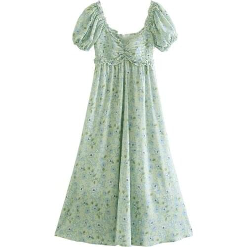 Women Floral Printed Summer Dresses 2021 Female Elegant Ruffles V Neck Short Sleeve Sweet Midi Chiffon Dress Vestidos