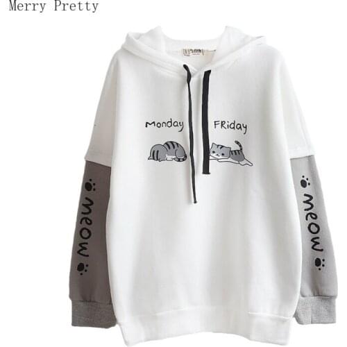 Women Hoodies And Sweatshirts Harakuju Cartoon Cat Print Drawstring Hooded Pullovers Japanese Mori Girl Long Sleeve Tracksuits