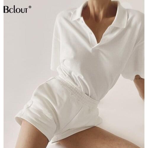 Bclout Casual Women Suit 2021 Summer Elastic Waist Shorts Turn Down Collar Shirt Two Piece Set Knit Top Streetwear Sport Wear
