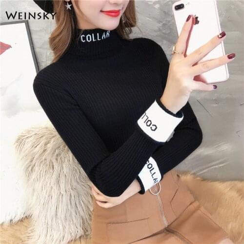 Women Knitted Jumper Turtleneck Sweater And Pullovers Korean Fashion Style Letter Sweater 2019 Autumn and Winter New Tops