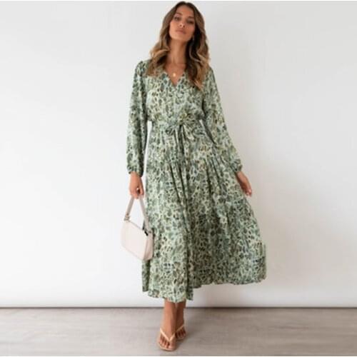 Women Fashion Elegant Autumn V-neck Print Harajuku Long Sleeve Tie Slim Fit Dress Ladies Casual Beach Dress Maxi Dress Sundress