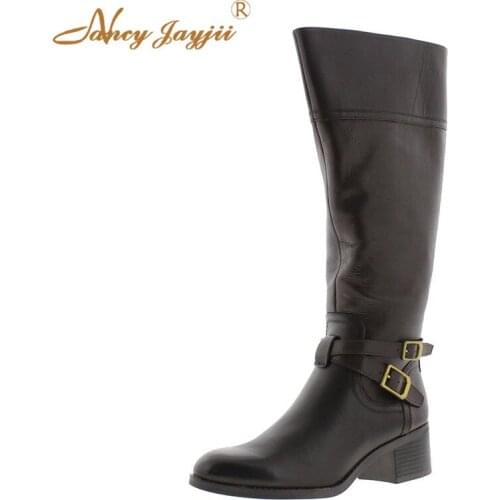 Winter Woman Shoes Adult Boots knee-High Black Slip-On Buckle Med Square Heels Mature Leisure Nancyjayjii 2019 3cm~5cm Classic