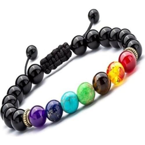 8mm Obsidian 7 Chakra Gemstone Mala Bracelet Stretchy Buddhism Healing Meditation Bead Bless Reiki pray cuff energy Tibet silver