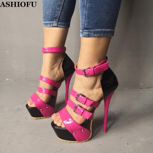 ASHIOFU Handmade Women High Heel Sandals Three-buckle Straps Sexy Party Prom Shoes Platform Dance Club Evening Fashion Sandals