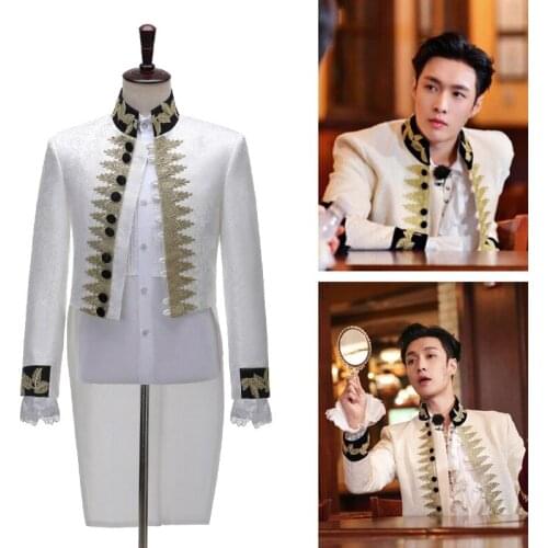 White Vintage Embroidery Blazer Jacket Men Long Sleeve Swallow-Tail Coat Tailcoat Jacket Men Wedding Party Prom Costume Homme