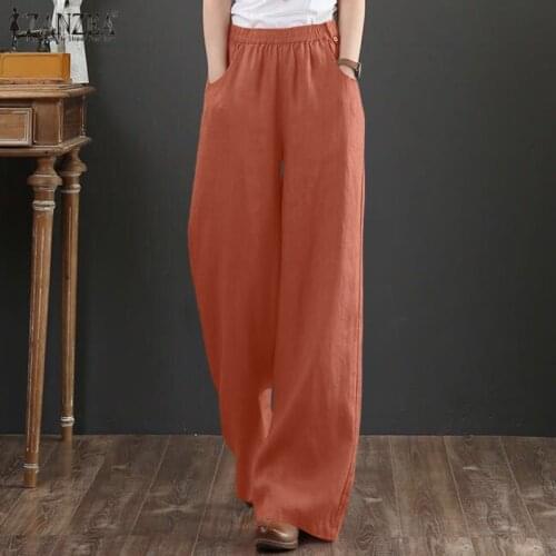 ZANZEA Women Summer Elastic Waist Wide Leg Pants Vintage Cotton Trousers Solid Long Pantalon Casual Loose Harem Palazzo S-5XL