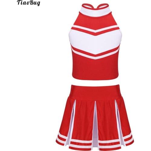 Kids Girls Cheerleading Costume Outfit Sleeveless Zippered Top With Pleated Skirt Set For School Stage Performance Cosplay Party