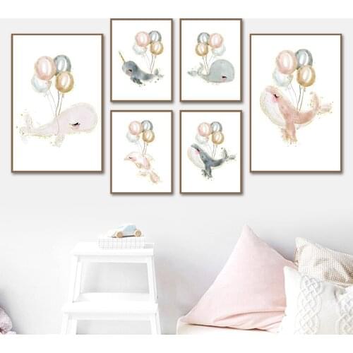 Watercolor Cartoon Whale Dolphin Balloon Wall Art Canvas Painting Nordic Posters And Prints Wall Pictures Baby Kids Room Decor