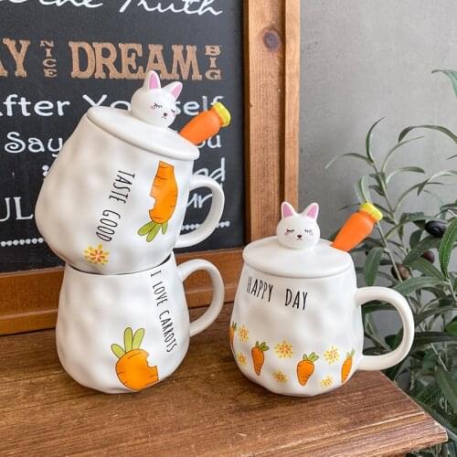 Cartoon Rabbit Carrot Ceramic Mug With Lid Cute Radish Spoon Home Office School Milk Tea Water Latte Coffee Mugs Drinkware Cup