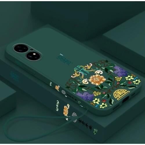 Chinese Auspicious Retro Palace Soft Gel Liquid Phone Cases For Huawei P50 Casing With Phone Straps