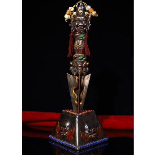 10"Tibet Temple Collection Old Tiantie Tracing mosaic Gem Skull head Mahakala Dorje Vajra Phurpa Base set Town House Exorcism