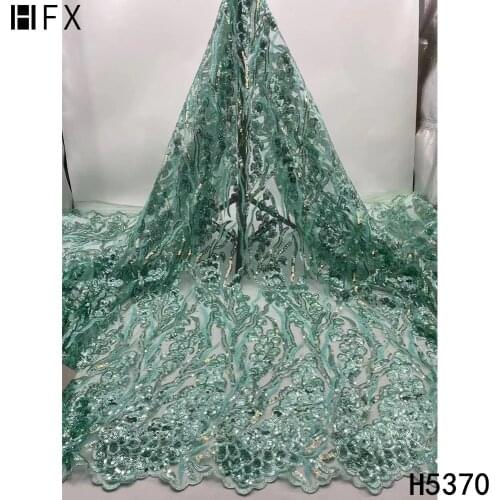 HFX African Sequin Lace Fabric 2021 Green Embroidered Nigerian Sequins Lace Fabrics High Quality French Tulle Lace Party F5370