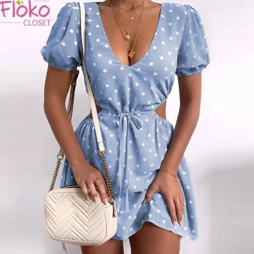 Flokocloset Summer V-Neck Polkadot Print Hollow Out Mini Dress Casual Short Sleeve Lace-up Sundress for Women Party