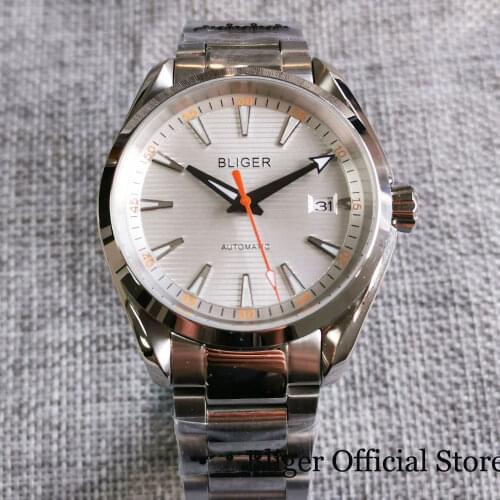 BLIGER Dress 24 Jewels NH35A White Automatic Men Watch Steel Bracelet Seeing Glass Backcover Date Display Sapphire Crystal
