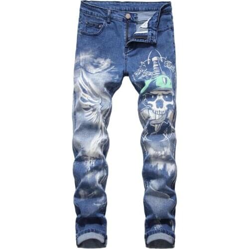 2020 New Arrival Hot Sale Pants Cowboy Male Full Length Jeans Men God Printed Slim Straight Elastic Color 3d Skull Blue Fashion