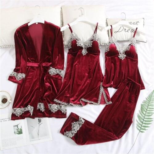 New Fashion Women Velvet Pajamas Set Ladies Pleuche Warm Sexy Lace Pajamas Winter Sleepwear Sling Nightdress Homewear 4pcs Sets