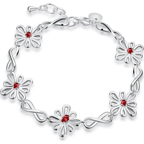 New Arrival Hollow Flowers Beautiful Bracelets 925 Sterling Silver Hand Chain with Red Austrian Rhinestones Bangle Chain