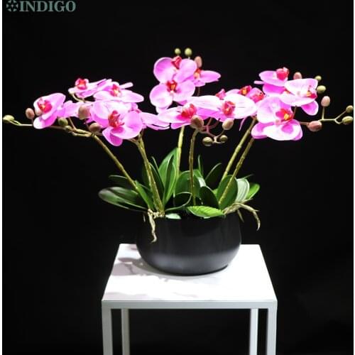 Purple Orchid (7Pcs Orchid+5Pcs Leaves+Moss+Pot) DIY Flower Arrangment Plastic Flower Office Decoration Event Centerpiece INDIGO