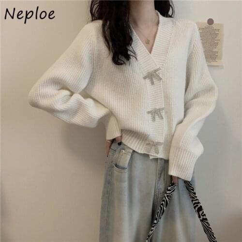 Neploe Autumn New Long-sleeve Sweater Women V-neck Bow Single Breasted Knitted Short Coat Female Fashion Knit Sweater Jacket