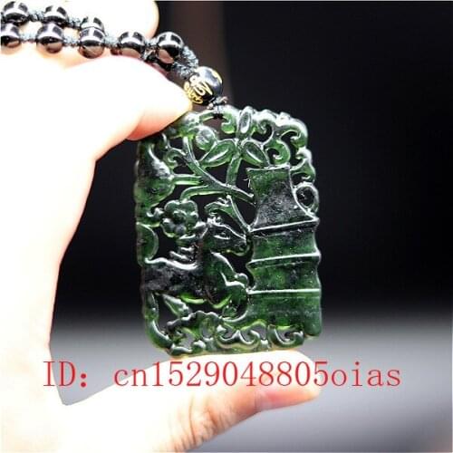 Natural Black Green Chinese Jade Horse Pendant Beads Necklace Charm Jewelry Double-sided Hollow Carved Amulet Gifts for Her Men