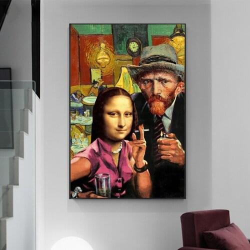 Personality Mona Lisa and Van Gogh Smoking Art Wall Poster Cafe Home Painting Wall Decoration Mural Cuadros Decorativos cuadros