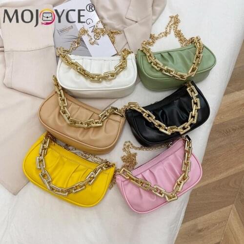 Casual All-match Pure Color Shoulder Bag with Chain Handle Fashion Women Pleated PU Leather Underarm Purse Zipper Small Handbags