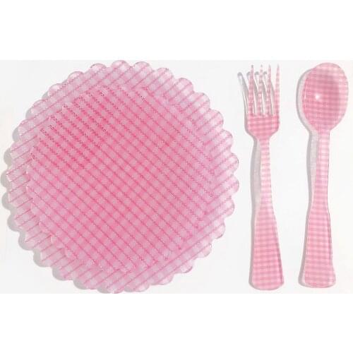 French Style Retro Plaid Dessert Plate Spoon and Fork Plastic Tea Coffee Photo Props flower design background items