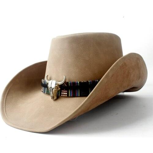 Retro Unisex Leather Hat Wide Brim Cowboy Cowgirl Western Hat Cow Head Leather Band