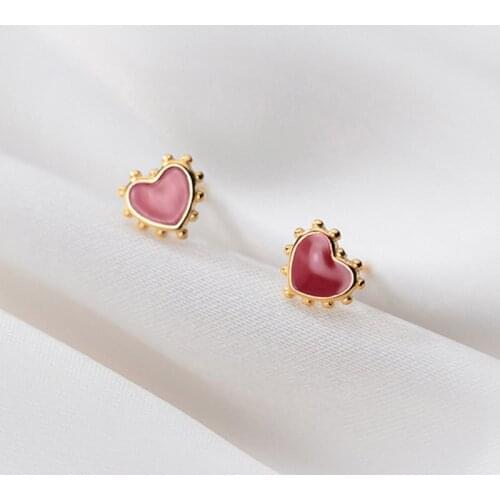 Real 925 Sterling Silver Bead Red Heart Stud Earrings For Fashion Woman Cute Fine Jewelry MInimalist Accessories Gift