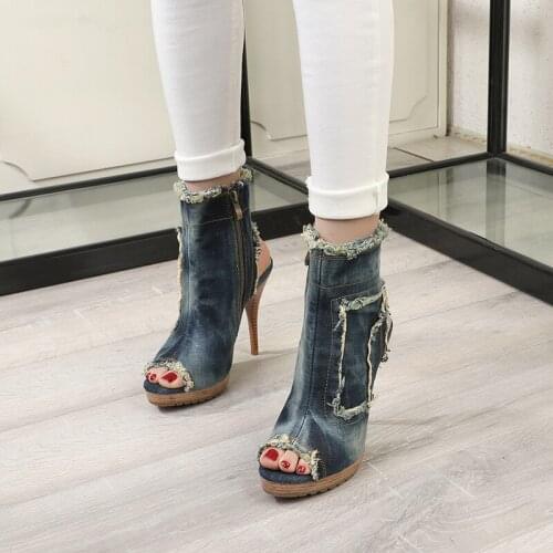 Fashion Summer Water Washable Denim For Women With Cool Side Zipper Open-Toe Thin Heels For Women With High Heels