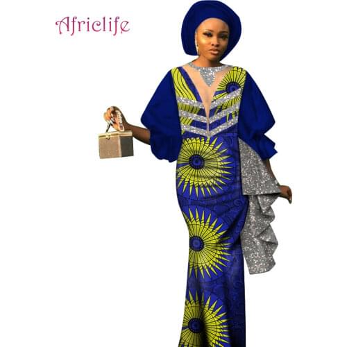 African Traditional Dress Women Wedding Gifted Headwrap Ankle-length Long Clothing Patchwork Gliter Fabrics Party GownsWY8664