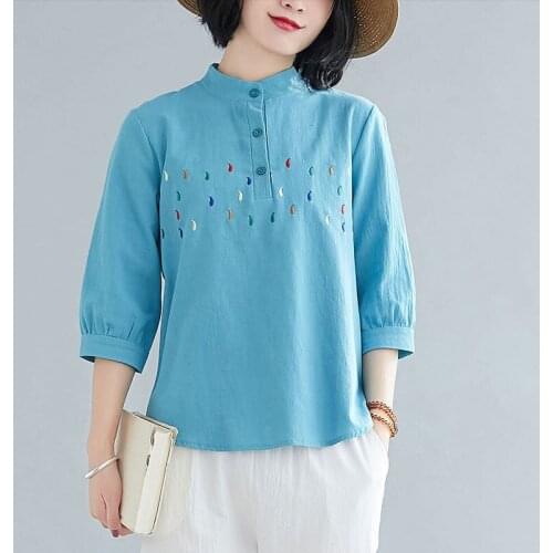 Women Cotton Linen Casual T-shirts New 2021 Summer Simple Style Vintage Embroidery Half Sleeve Female Loose Tops Tees S3169