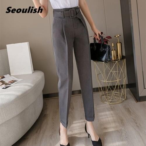 2020 New Korean OL Style Black Women Formal Harem Sashes Pants Pockets High Waist Elegant Office Lady Ankle-Length Pants