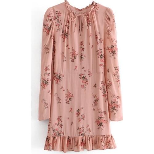 Evfer Women French Style Floral Print Autumn Pink Mini Dresses Chic Ladies Lace Up Collar High Waist Fashion Ruffles Short Dress
