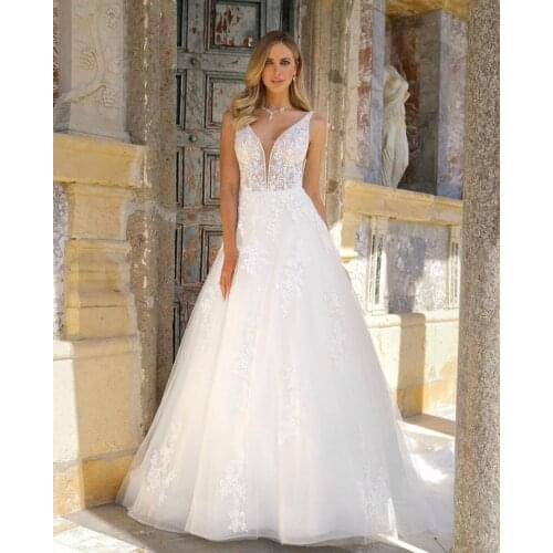 Sleeveless V Neck A-line Wedding Dresses Backless Full Lace Appliques Bridal Gown Robe De Mariage Wedding Gown Vestido De Noiva