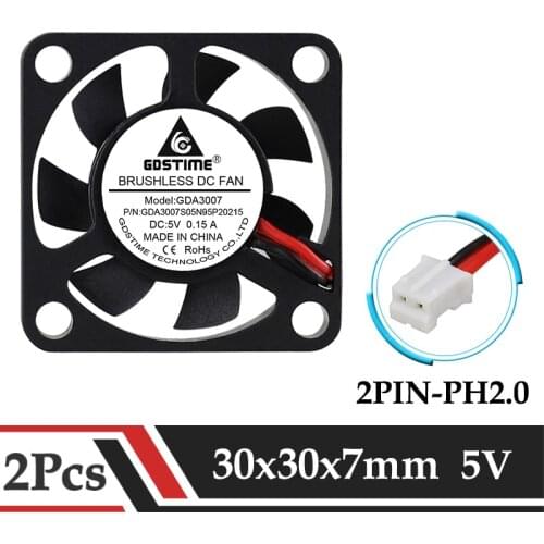 Gdstime 2 Pieces 5V 2 Wire 30x30x7mm Small Micro DC Brushless Cooling Fan 30mm x 7mm 2Pin 2.0 3cm 3007