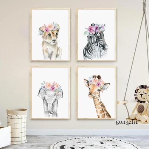 Watercolor Lion Zebra Elephant Giraffe Canvas Poster Flower Animal Nursery Print Painting Wall Art Pictures Kids Bedroom Decor
