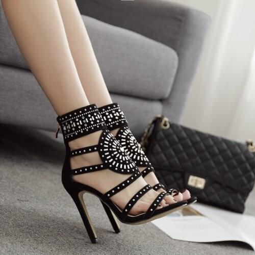 Ladies High Heels Zipper Carved Rhinestone High Heel Sandals Sandals Gladiator Roman High Heels Boots Fashion Sexy Lady Party