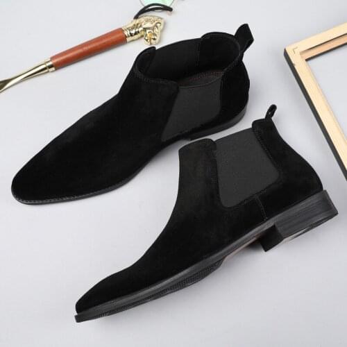 Wingtip Classic Chelsea Boots Men Handmade Suede Ankle Boots Genuine Leather Pointed Toe Mens Shoe Wedding Office Dress Boots